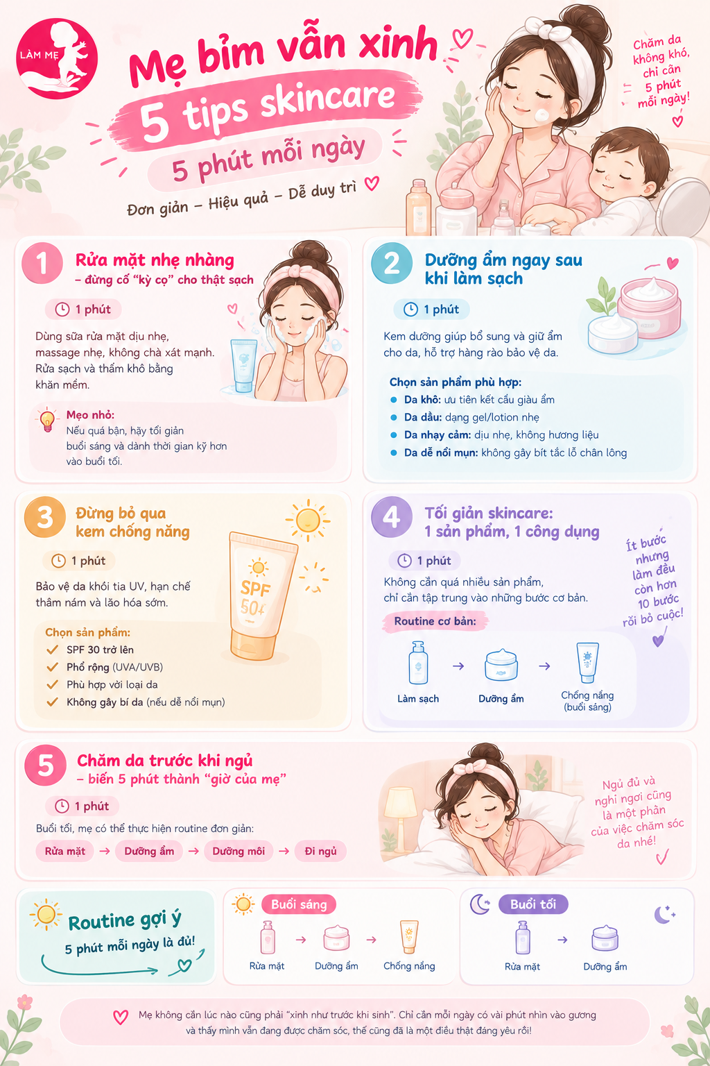 Routine skincare 5 phút mẹ bỉm